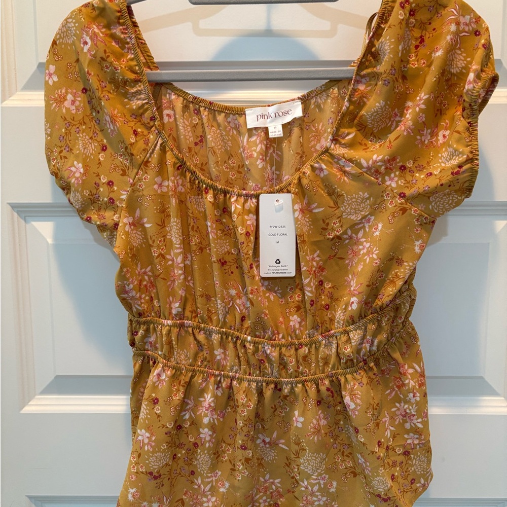 Pink Rose Mustard Floral Peplum Blouse NWT